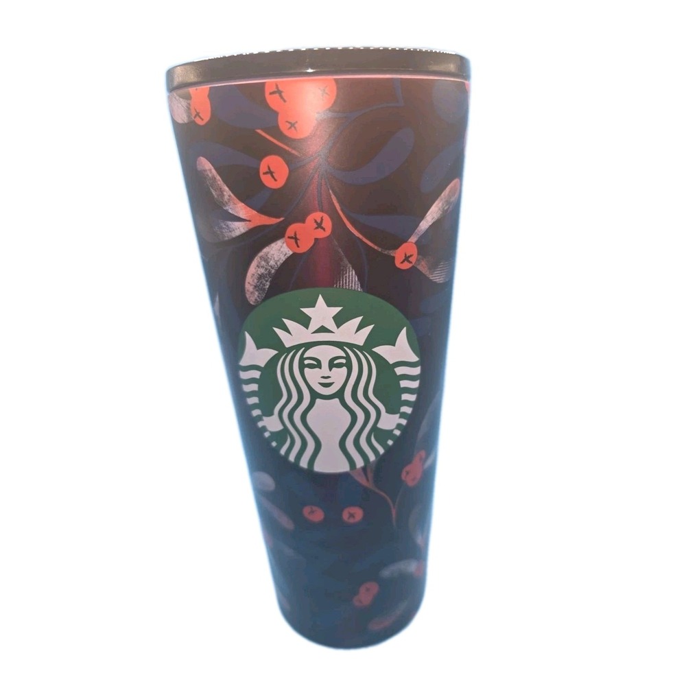 Starbucks Holiday Mistletoe Berries Cold Cup Tumbler 24oz Venti Matte Black Red